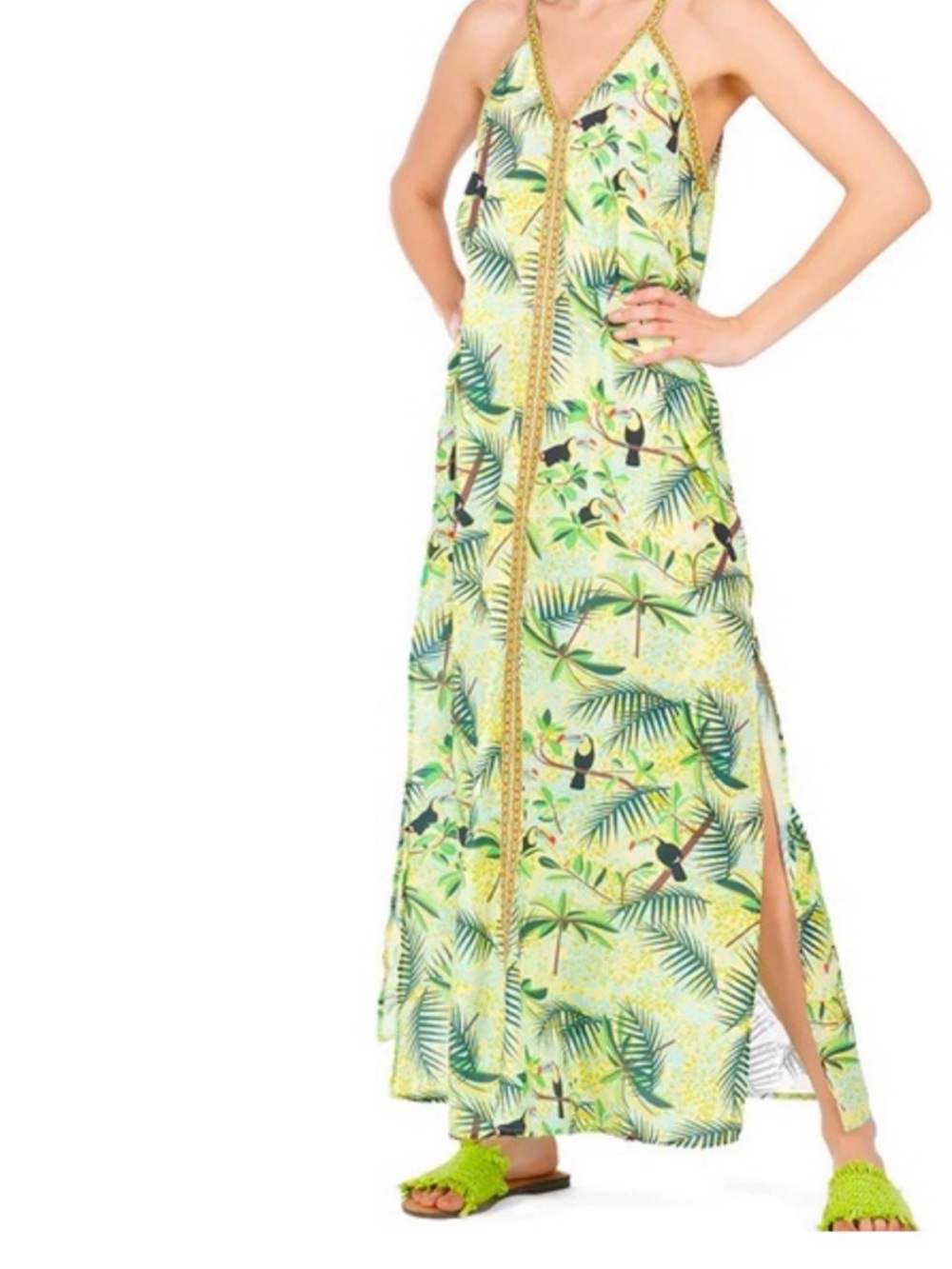 Toucan Tropical Green Halter Maxi Dress in size Large
